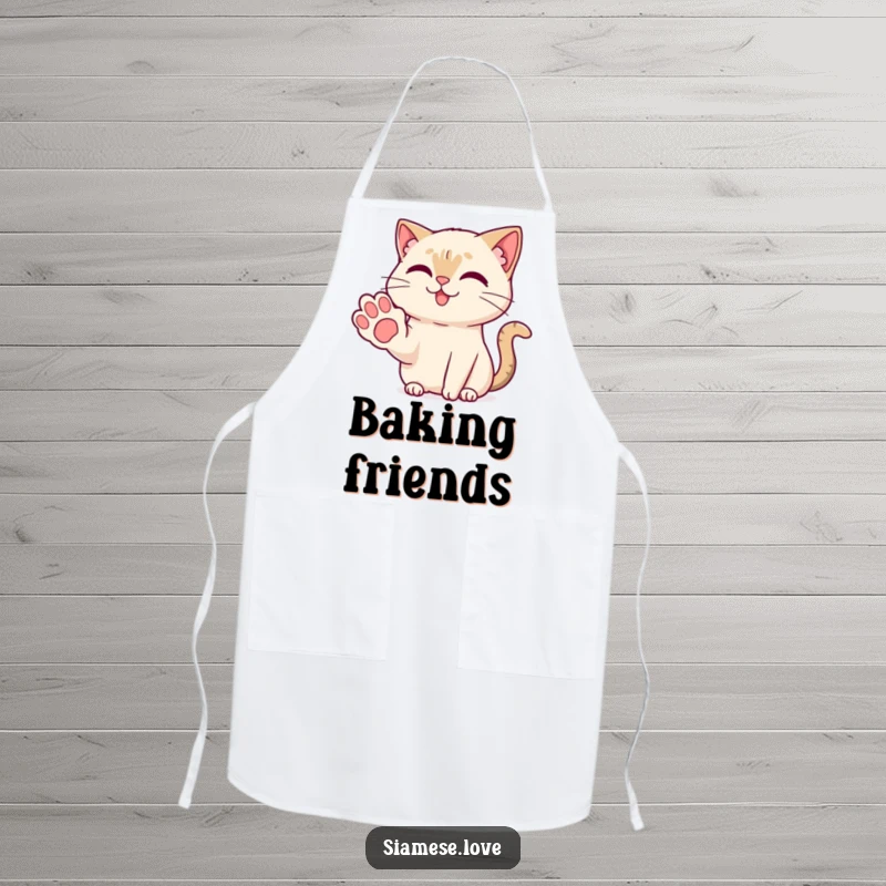 Funny Kawaii Siamese cat offering a friendly paw with a sweet smile on a kitchen apron, bringing charm to cooking.