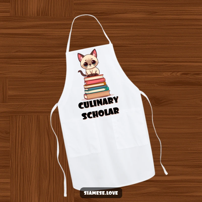 Funny Kawaii Siamese cat balancing precariously on a stack of books on a kitchen apron, adding literary humor to cooking.