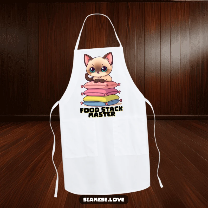 Funny apron with a Siamese cat delicately perching on a stack of colorful cushions, for a stylish cook.