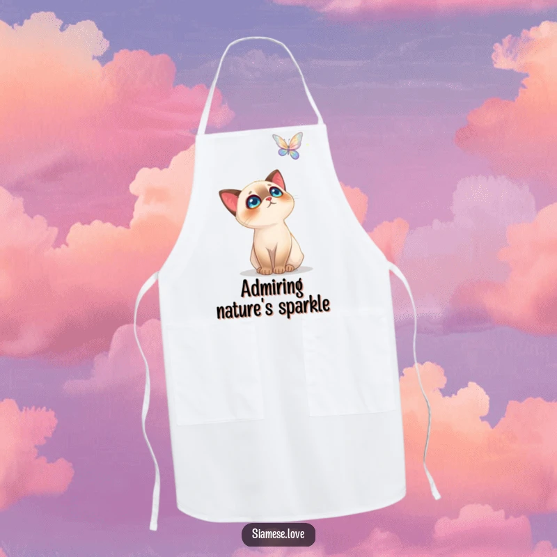 Funny Siamese Cat Apron: A playful apron with a cat watching a butterfly, ideal for adding charm to cooking.