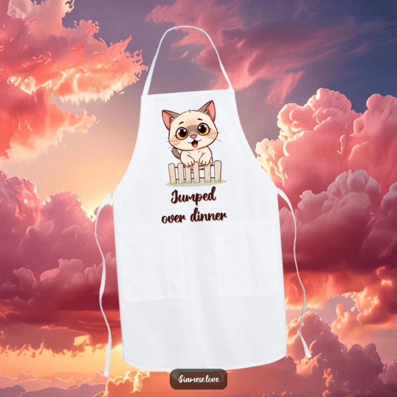 Funny Siamese cat apron showing a surprised feline jumping a fence, a humorous and practical kitchen accessory for cat lovers.