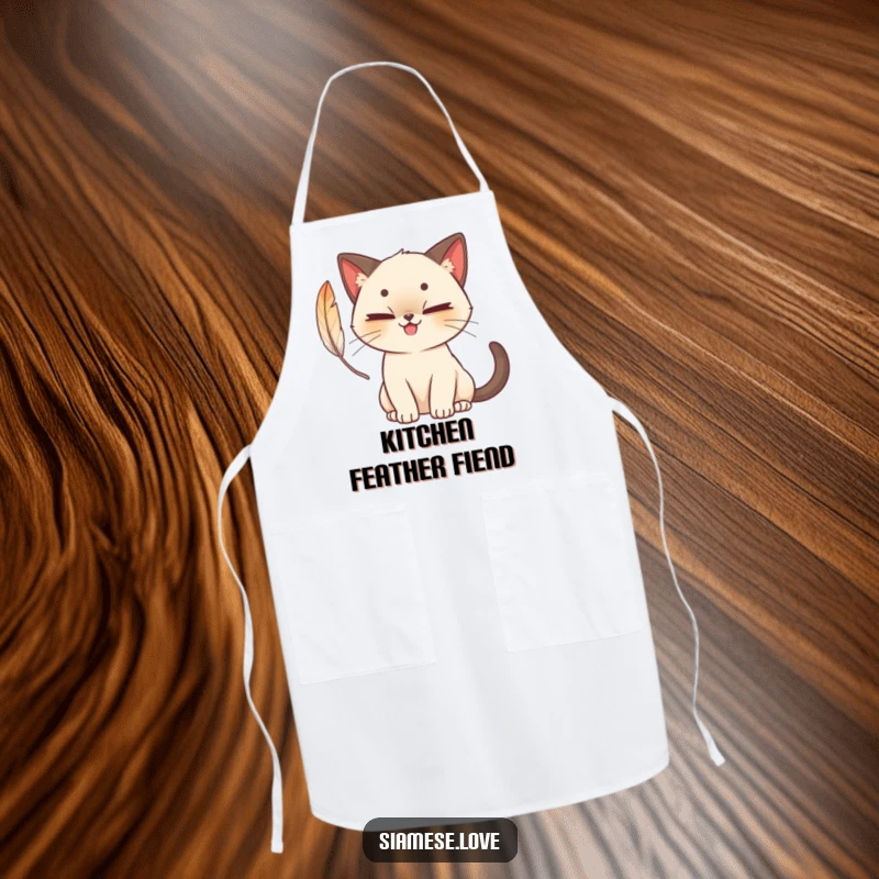 Funny cute Siamese cat apron with a mischievous grin, batting at a feather, charming and humorous for kitchen activities.