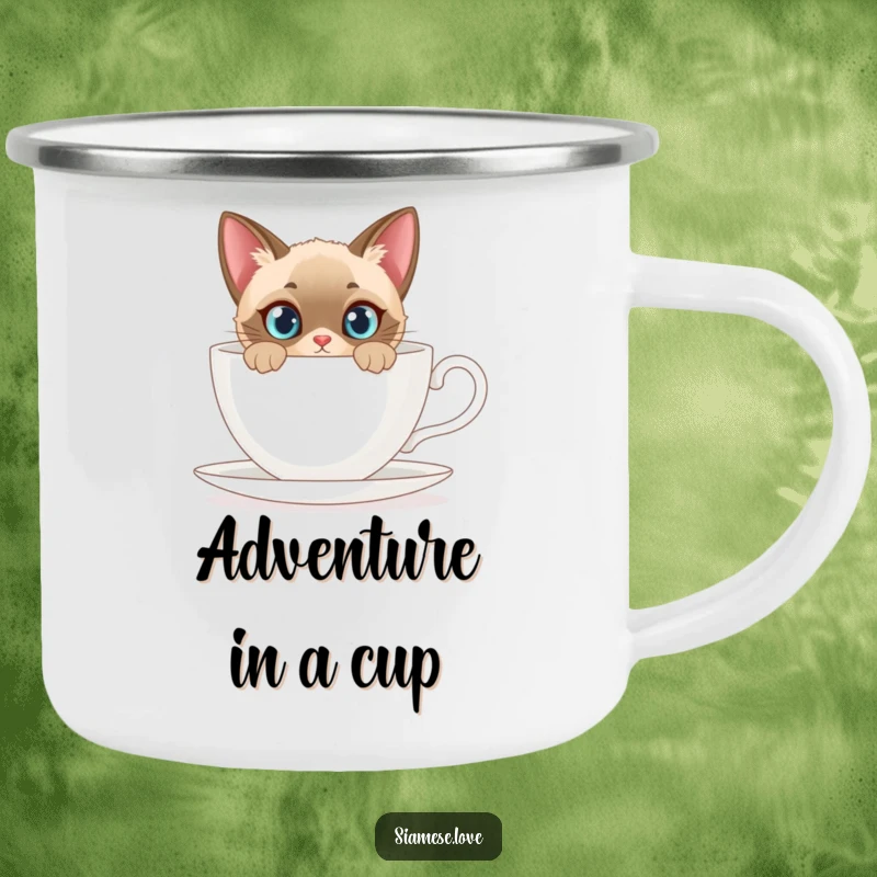 Funny camping mug with a curious Siamese cat peeking from behind a giant teacup, durable for outdoor use.