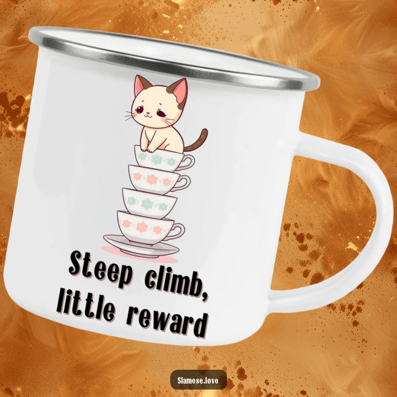 Funny Siamese cat camping mug, feline balancing on teacups, outdoor adventure humor, great funny gift for campers.