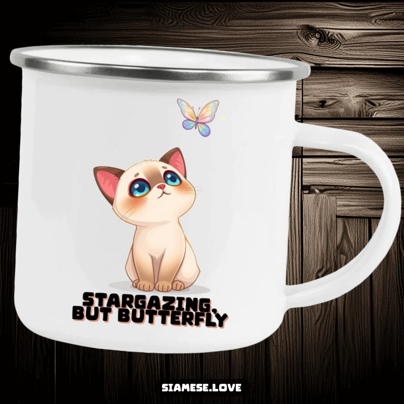 Funny Siamese Cat Camping Mug: Rugged mug with a cat fascinated by a butterfly, perfect for outdoor enthusiasts.