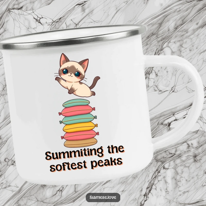 Funny camping mug featuring a Siamese cat elegantly leaping onto cushions. Durable and stylish drinkware.