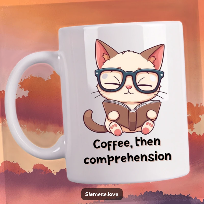 Funny Siamese cat mug with oversized glasses, reading a book held upside down, showcasing a humorous, studious feline.