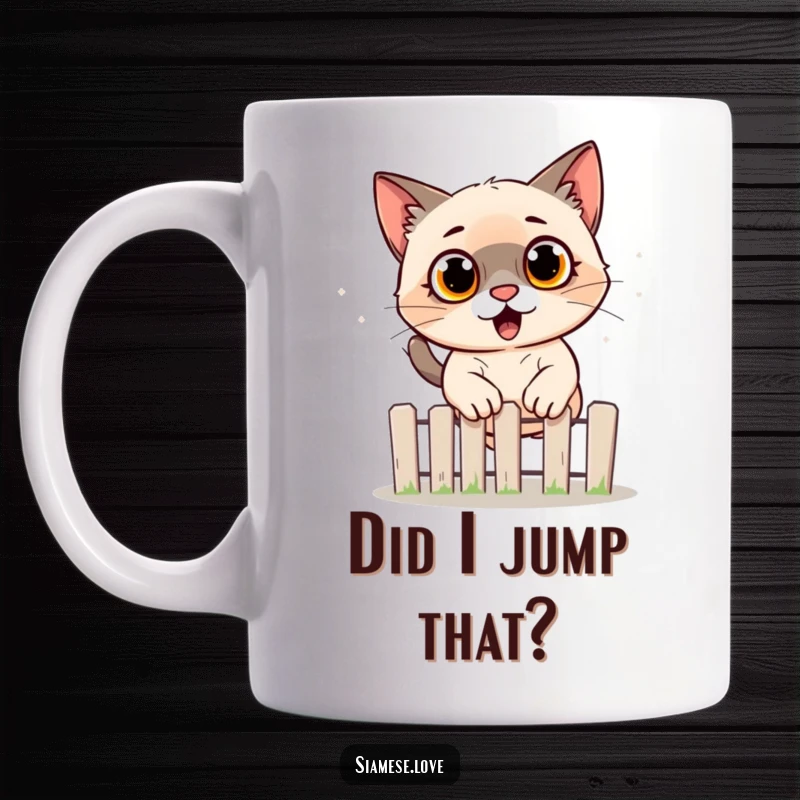 Funny Siamese cat mug showing a surprised feline with wide eyes, leaping over a small fence in a comical, unexpected jump.