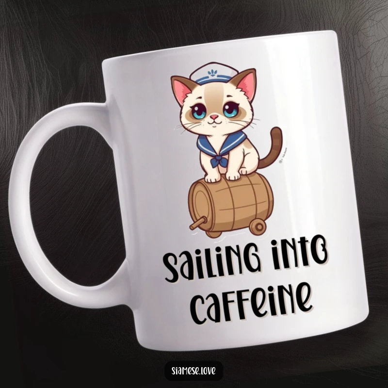 Funny Mug featuring a kawaii Siamese cat in a sailor hat, precariously balancing on a rolling barrel, full of charm and humor.