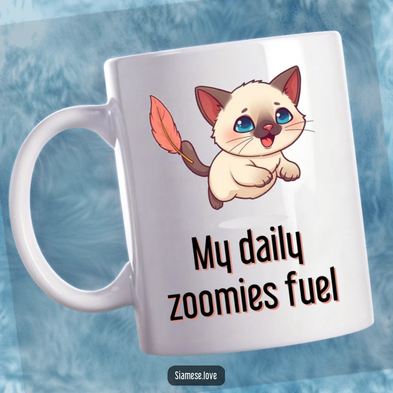 Funny Kawaii Siamese cat mid-leap chasing a feather toy with pure joy, perfect for a cat lover's mug.