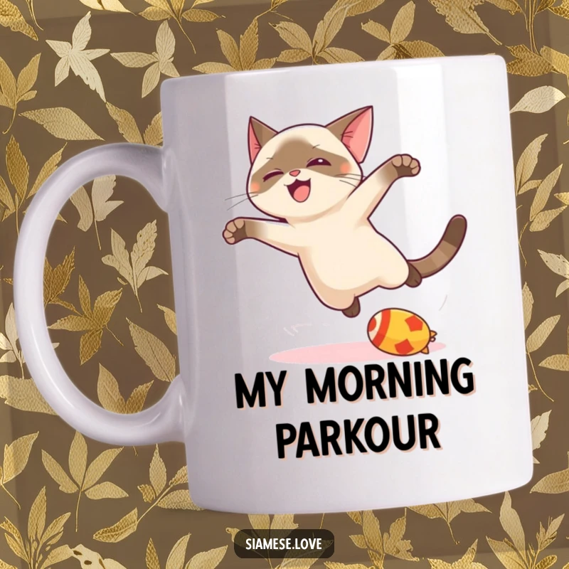 Funny kawaii Siamese cat mug, joyfully leaping high towards a toy with graceful, energetic motion for a playful gift.