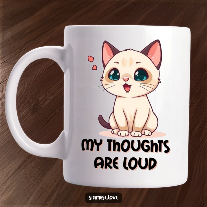 Funny Siamese cat mug showing a chattering cat with a large, exaggerated sound wave bubble, depicting vocal feline communication.