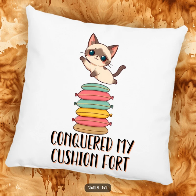 Funny decorative pillow featuring a Siamese cat elegantly leaping onto a stack of cushions. Soft and luxurious.