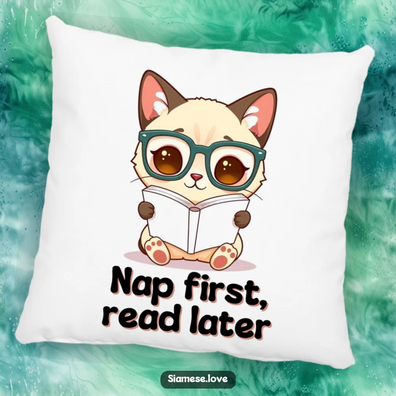 Funny Siamese cat pillow cushion, a cat wearing big glasses reads an inverted book, designed for cozy laughs.