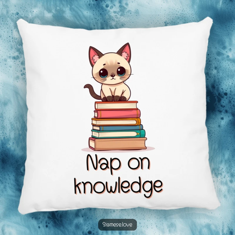 Funny Kawaii Siamese cat balancing precariously on a stack of books, depicted on a soft pillow for cozy decor.
