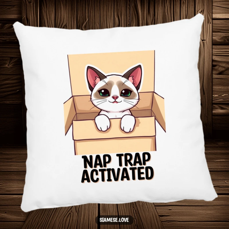 Funny kawaii Siamese cat pillow, peeking from a box with a mischievous grin, offering soft comfort and playful vibes.