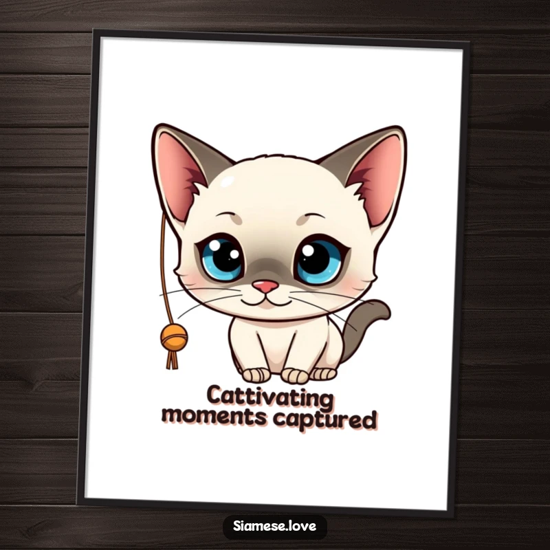 Funny digital art of a kawaii Siamese cat with wide blue eyes, playfully batting at a string. Instant downloadable wall art.