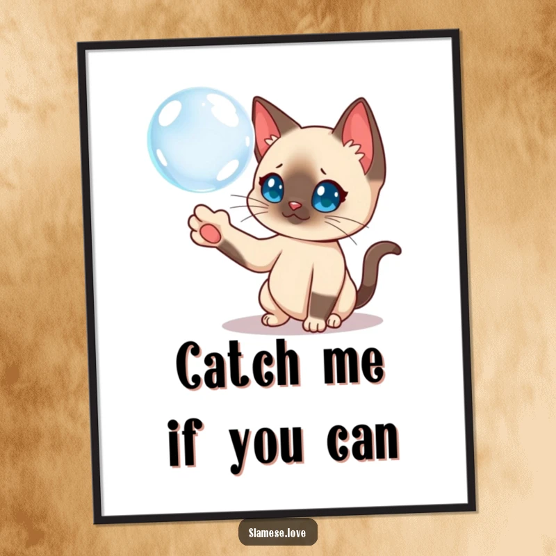 Funny Siamese cat curiously batting a floating bubble with its paw, a digital art print for framing.