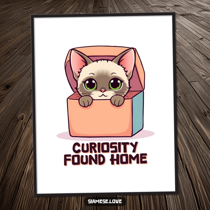Funny digital art print of a stylized Siamese cat with curious eyes peeking from a colorful oversized box, offering instant humorous decor.