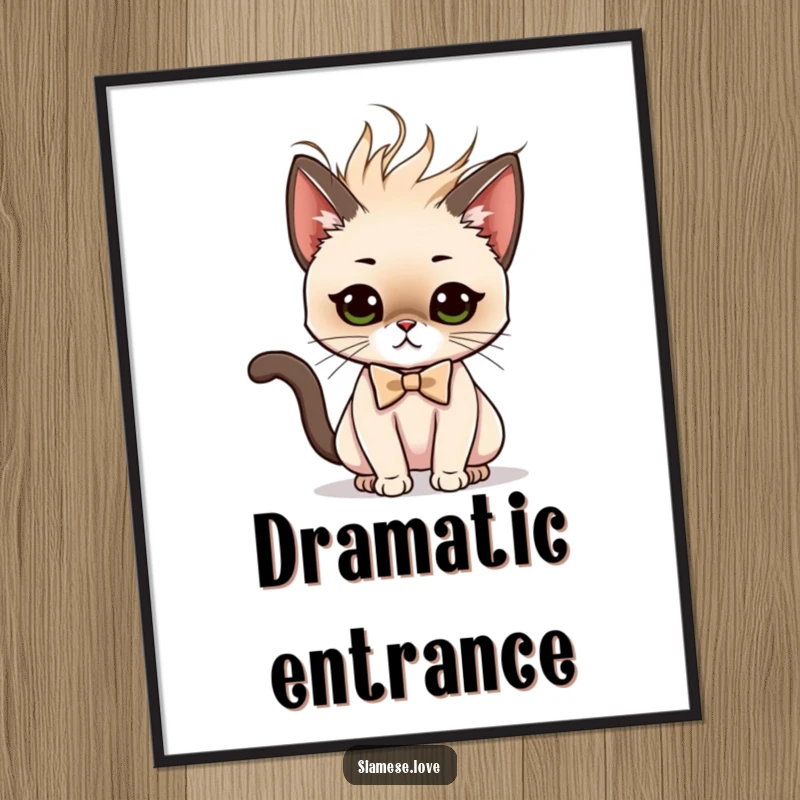 Funny digital art print of a Siamese cat character in a bow tie performing a dramatic and sassy hair flip with flair.