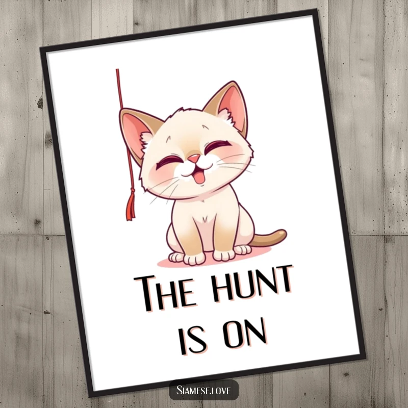 Funny Digital Art Print of a playful Siamese cat batting at a dangling string, bringing feline charm and humorous fun to any space.