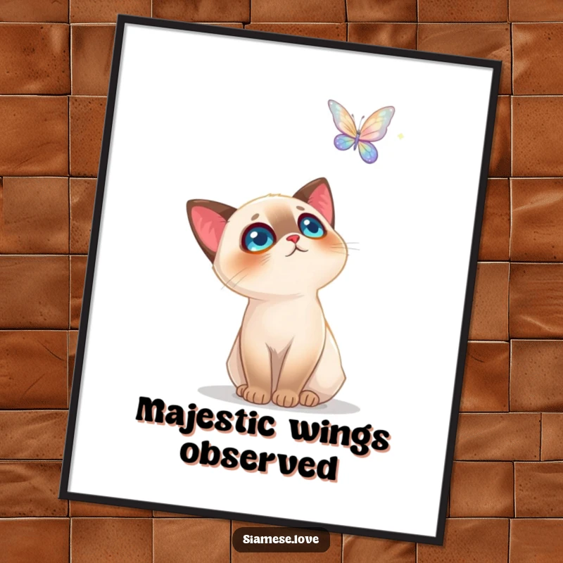 Funny Siamese Cat Digital Art: High-resolution artwork of a cat mesmerized by a butterfly, ideal for instant home decor.