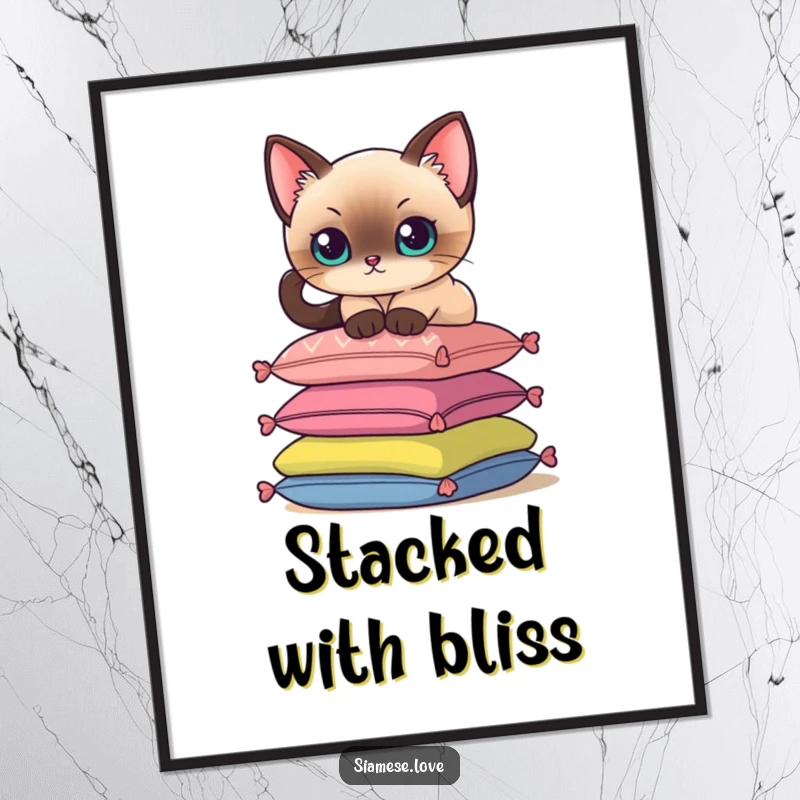 Funny digital art print of a Siamese cat delicately perching on a stack of colorful cushions, graceful and chic.