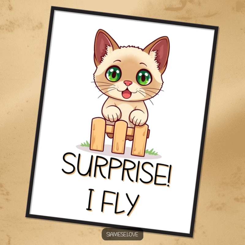 Funny Siamese cat digital art print, a startled cat with wide eyes jumping over a fence, ready to be printed.