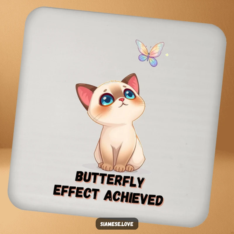 Funny Siamese Cat Coaster: A decorative coaster showcasing a cat's awe at a sparkling butterfly, perfect for table protection.