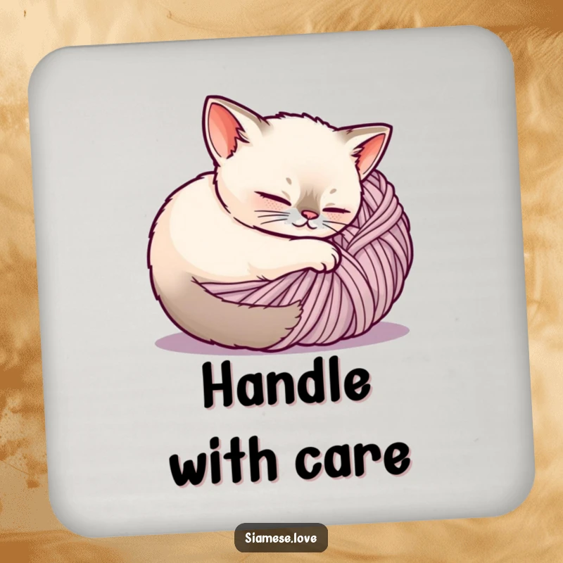 Funny Siamese cat drink coaster, a content cat is curled up inside a ball of yarn, adding cozy charm.
