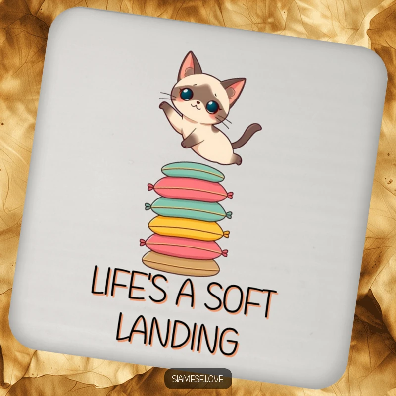 Funny drink coaster featuring a Siamese cat elegantly leaping onto cushions. Protects surfaces with sophistication.