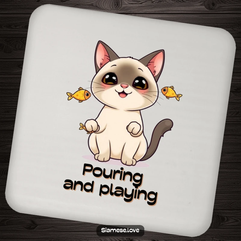 Funny Coaster: A cheerful Siamese cat juggling three fish, adding a playful and humorous touch to your table.