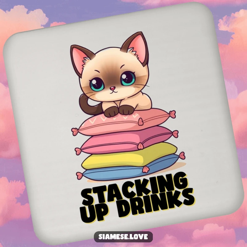 Funny drink coasters featuring a Siamese cat delicately perching on a stack of colorful cushions, ideal for table protection.