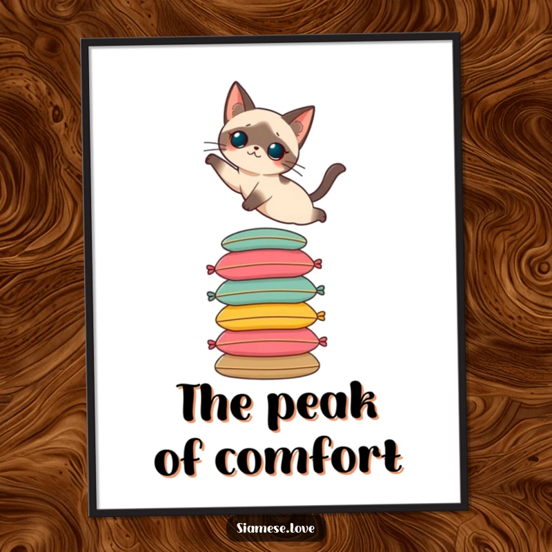 Funny poster print of a Siamese cat elegantly leaping onto a towering stack of colorful cushions. Artistic and humorous wall decor.
