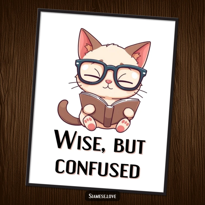 Funny Siamese cat poster depicting a cat in large glasses reading a book upside down, humorous artwork for book lovers.