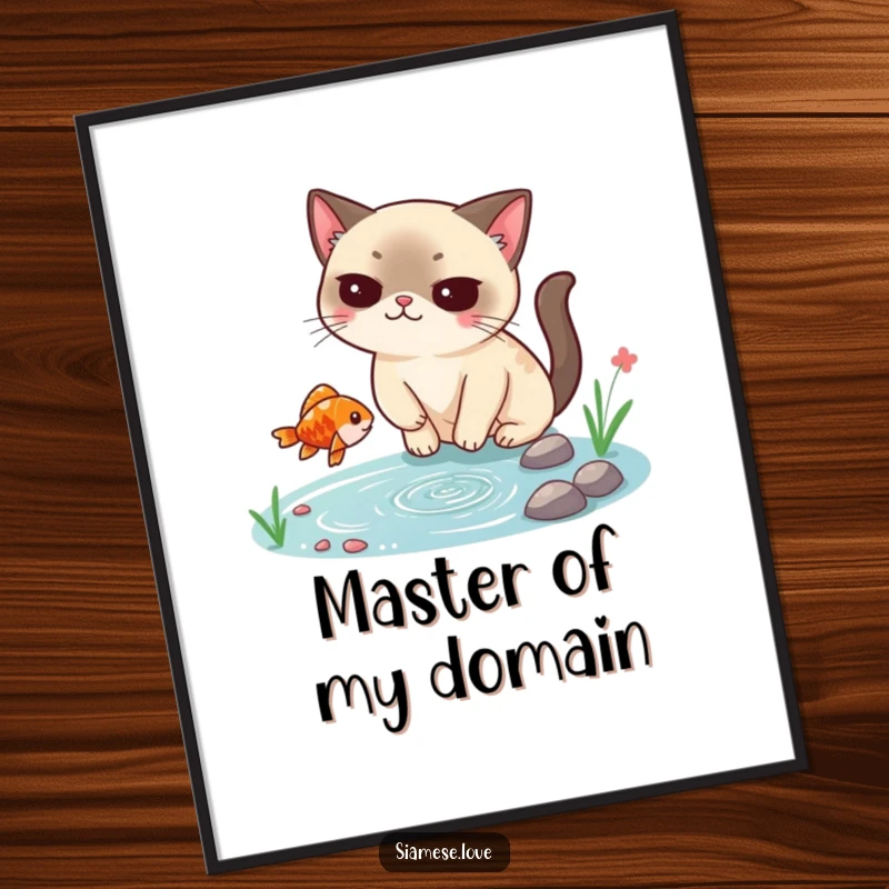 Funny Siamese cat poster, smugly catching a falling fish from a tiny pond, exquisite yet humorous feline art for any room.