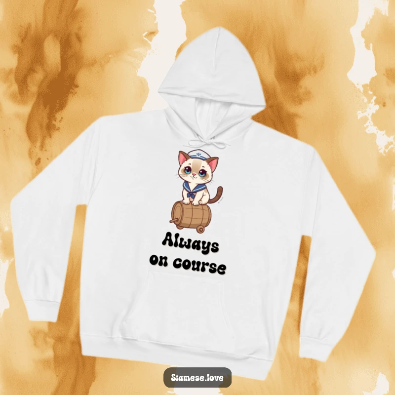 Funny Hoodie featuring a kawaii Siamese cat in a sailor hat, balancing expertly on a rolling barrel, offering cozy nautical humor.