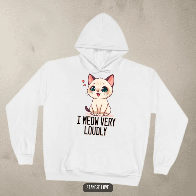 Funny Siamese cat hoodie depicting a chattering feline with a large sound wave bubble, ideal for warm cuddles and cat lovers.