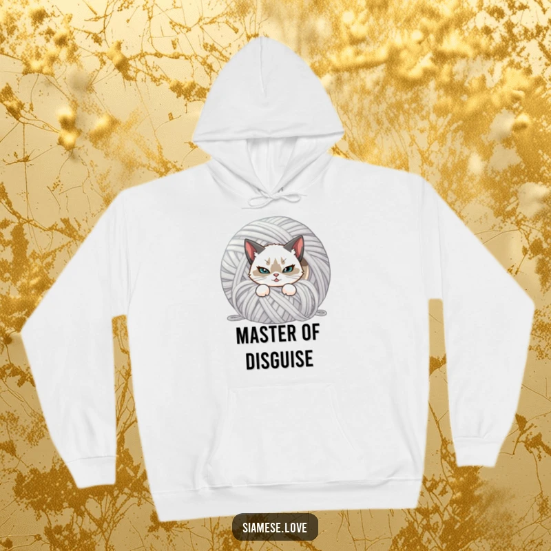 Funny and warm hoodie featuring a mischievous Siamese cat hiding behind a ball of yarn. Comfortable and amusing.