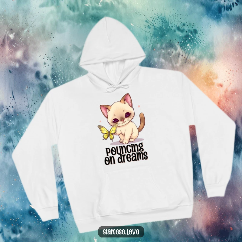 Funny Kawaii Siamese Cat Hoodie: Soft hoodie featuring a cute cat playfully pouncing towards a shimmering butterfly.