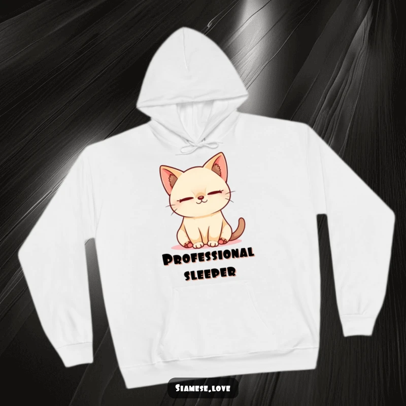 Funny Kawaii Siamese cat blissfully asleep in a sunbeam on a plush hoodie, embodying pure relaxation and humor.