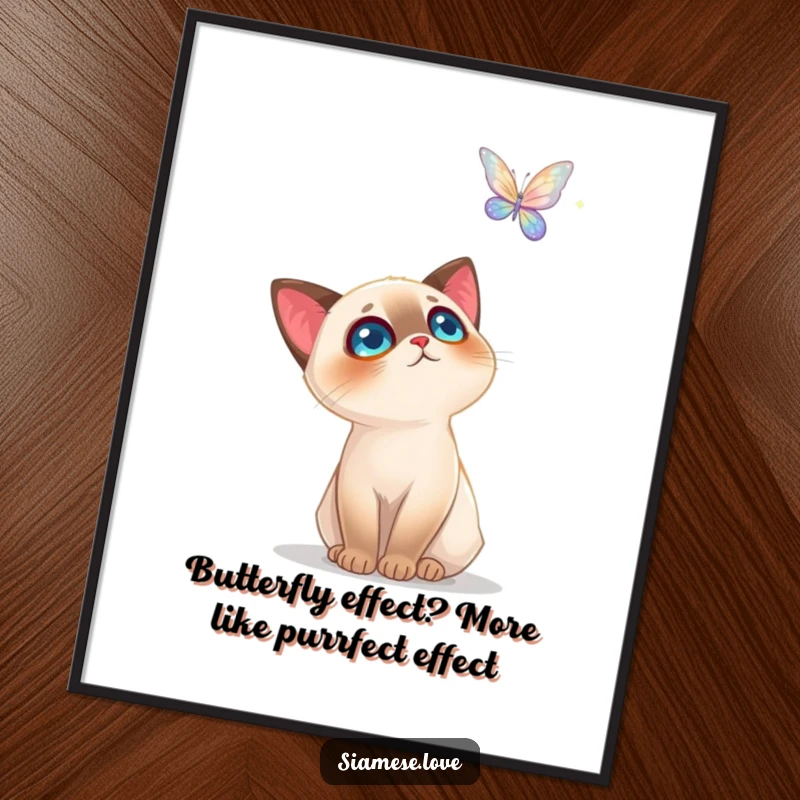 Funny Free Printable Wall Art: Siamese cat in awe, gazing up at a tiny, enchanting butterfly in flight.