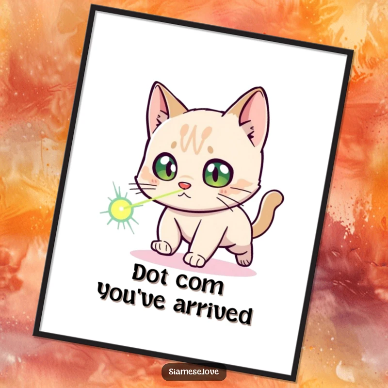 Funny Free Printable Wall Art: Siamese cat with wide, startled eyes frantically chasing a red laser dot across the floor, art.