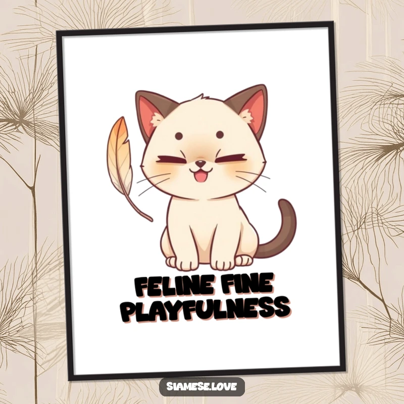 Funny Free Printable Wall Art: A cute Siamese cat with a mischievous grin batting at a feather.