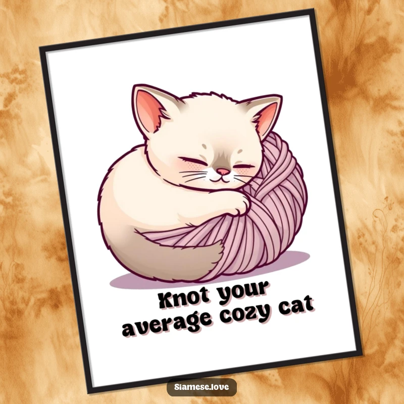 Cute Free Printable Wall Art: A content Siamese cat peacefully curled up inside a giant ball of yarn, exuding coziness.