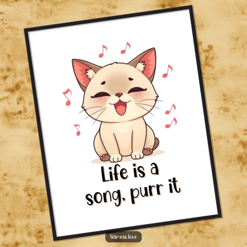 Funny Free Printable Wall Art: A contented Siamese cat purring loudly, encircled by whimsical, floating musical notes.