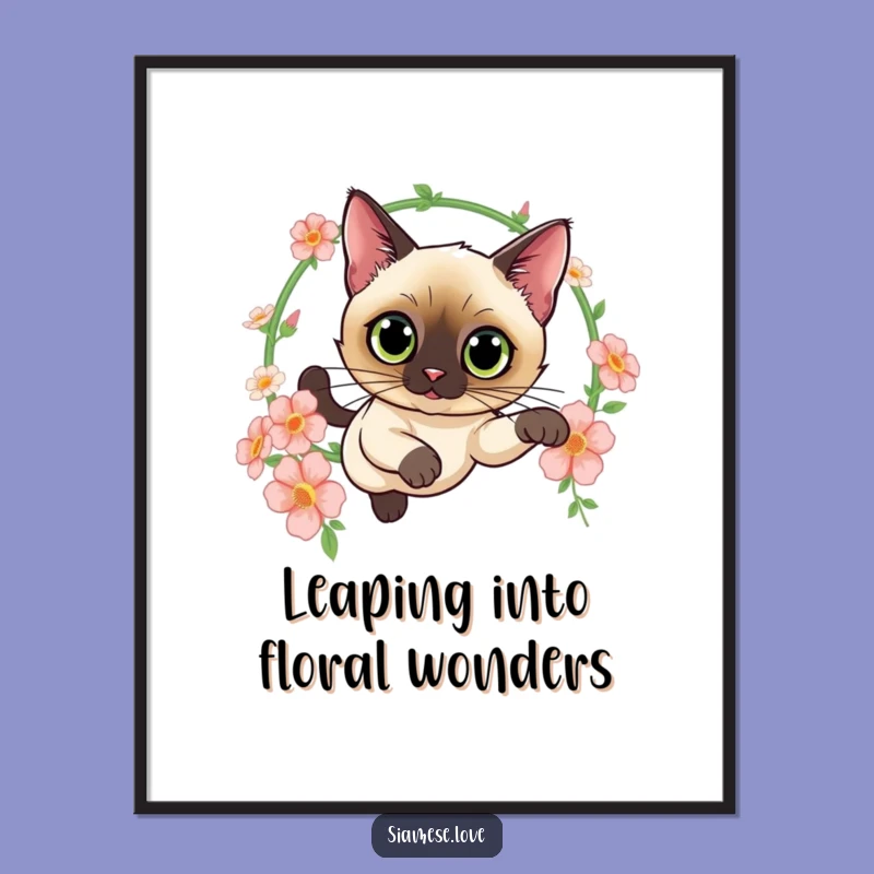Free Printable Wall Art: Siamese Cat Flowers, Elegant Leap, Downloadable Decor