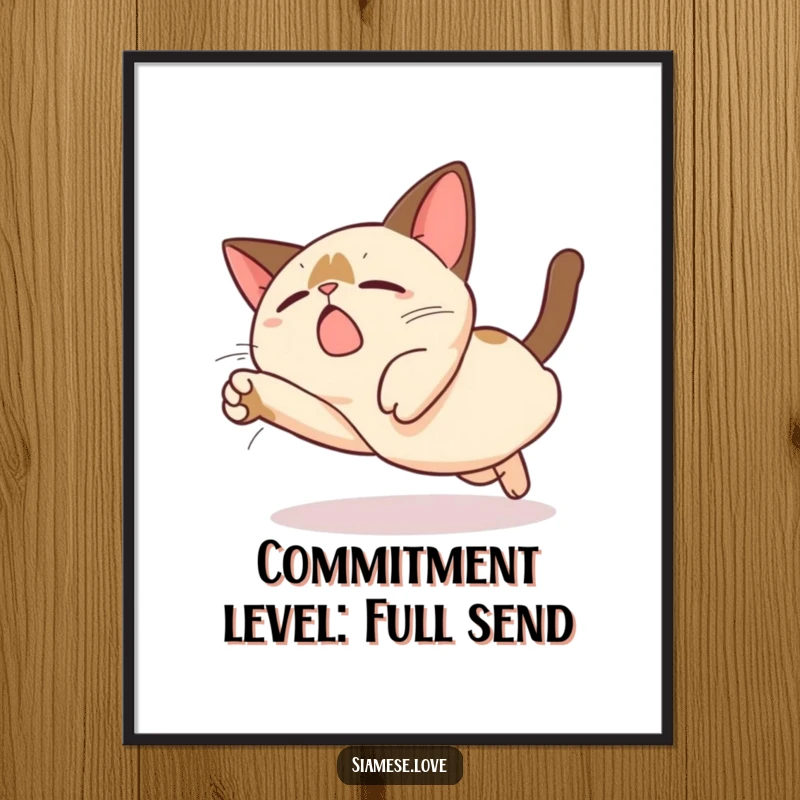 Funny Free Printable Wall Art: A super cute Kawaii Siamese cat performing a silly, exaggerated dive with a look of determination, decor.