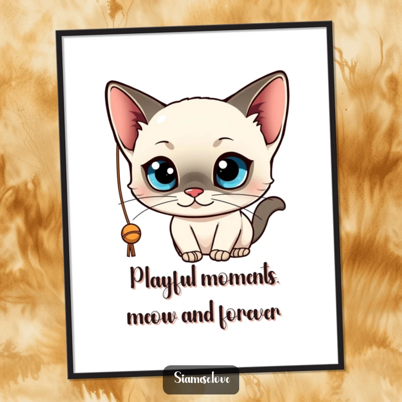 Funny Free Printable Wall Art: A sleek, kawaii Siamese cat with blue eyes playfully batting a dangling string.