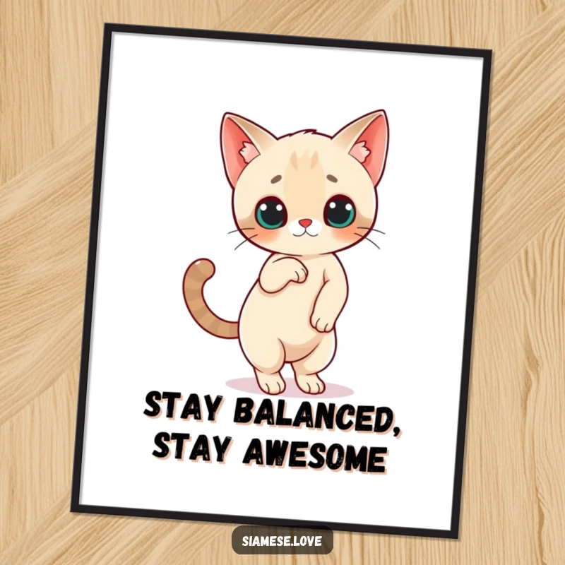 Funny Free Printable Wall Art: A cute Siamese cat standing upright on hind legs with its tail held high for balance, art.